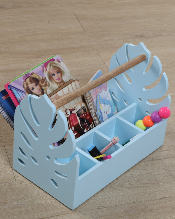 Vibrant kids’ study table organizer for school supplies and stationery.
