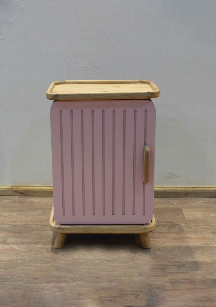 Pastel Pink Wooden Bedside Table - Refrigerator-Inspired Design