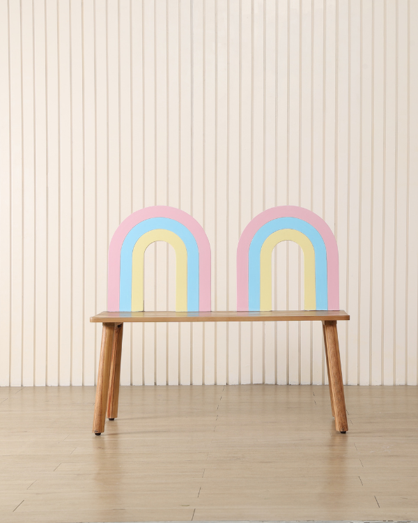 Wooden rainbow design kids bench chair with pastel-colored backrest for home
