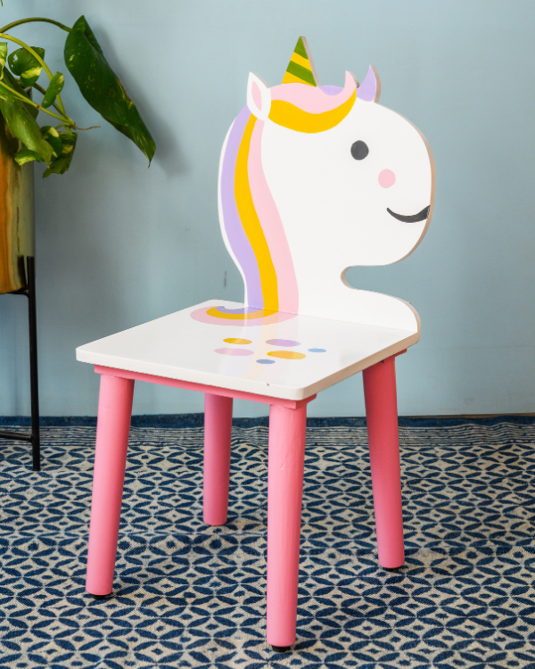 Unicorn wooden study chair for kids in pink and white