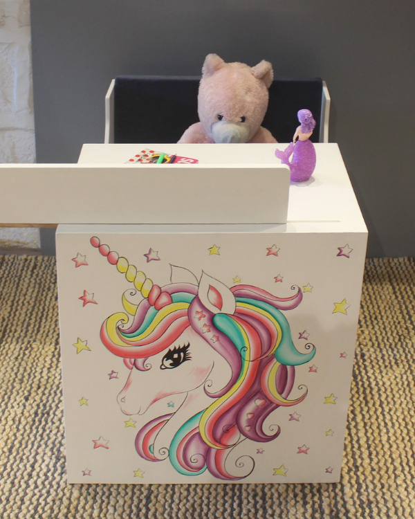 Hand-painted unicorn kids’ study table with velvet cushion