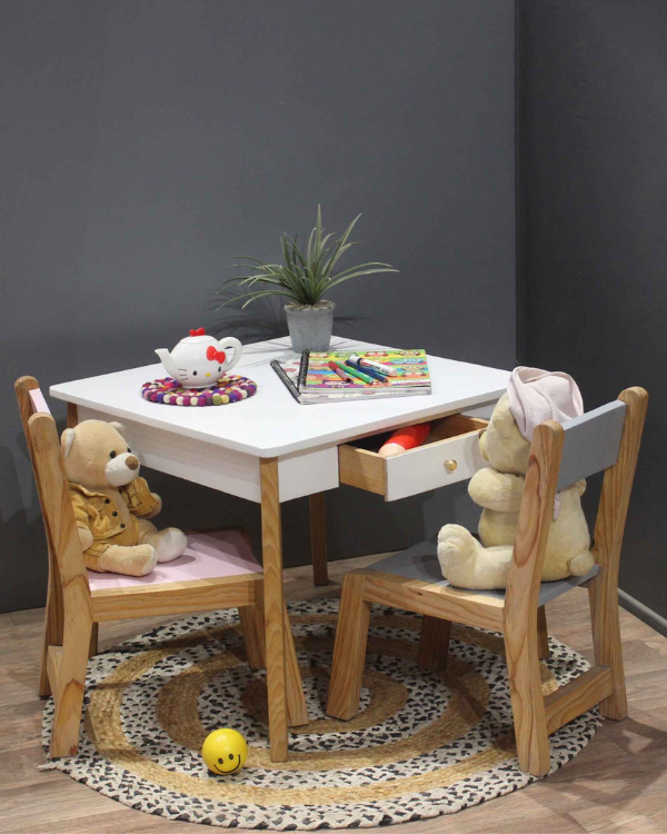 Cute kids' study table & chair set with storage drawer