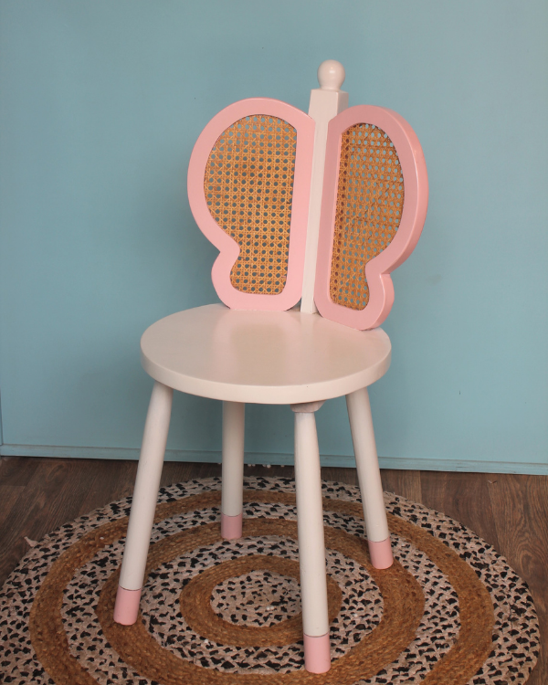 Handmade butterfly cane chair for kids in pastel pink and white