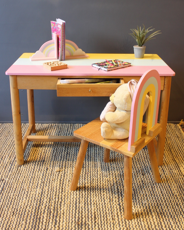 Handcrafted rainbow wooden study table for kids