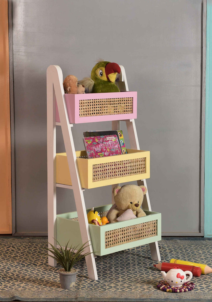 Three-basket open bookshelf with pink, yellow, and green baskets