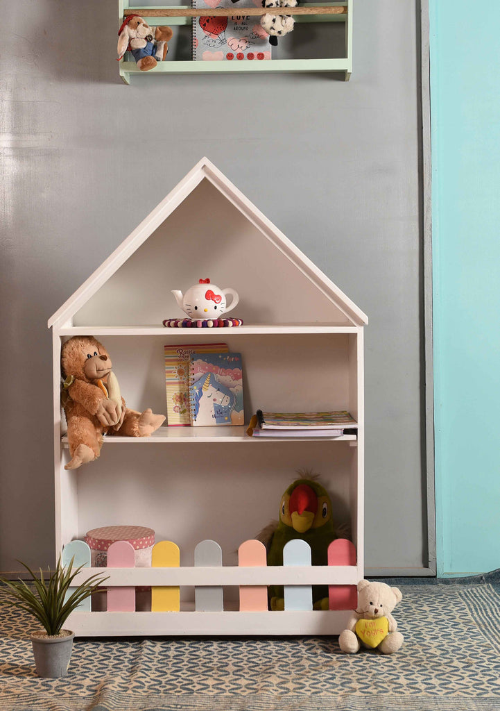 Hand-painted wooden shelf for books with colorful fencing for children