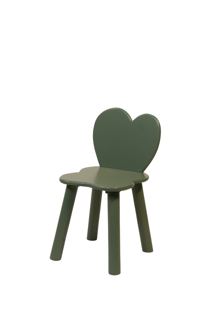 Heart-shaped wooden kids’ study chair in vibrant olive green