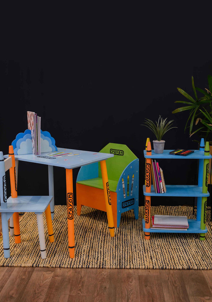 Crayon-inspired study table and chair set in sky blue and orange