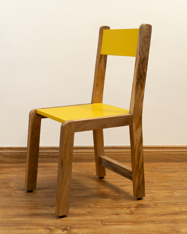 Wooden study chair for student in pink and yellow