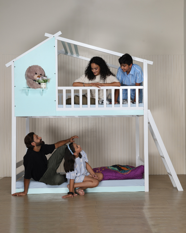 Kids bunk bed hut design white and mint