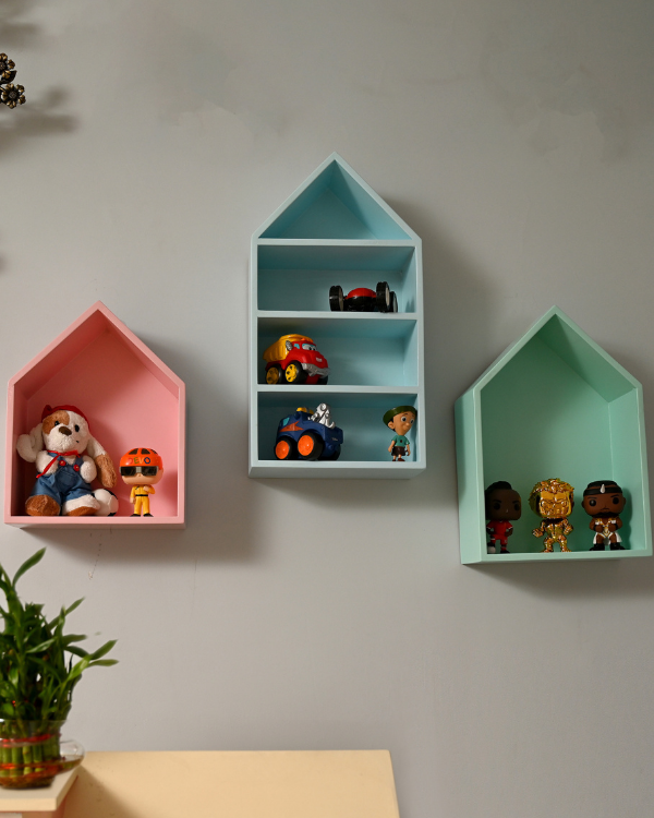 Wooden hut design wall shelf in pastel colors