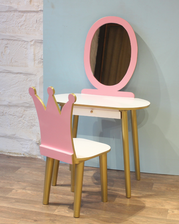 Adorable wooden dressing table with mirror and pink crown chair