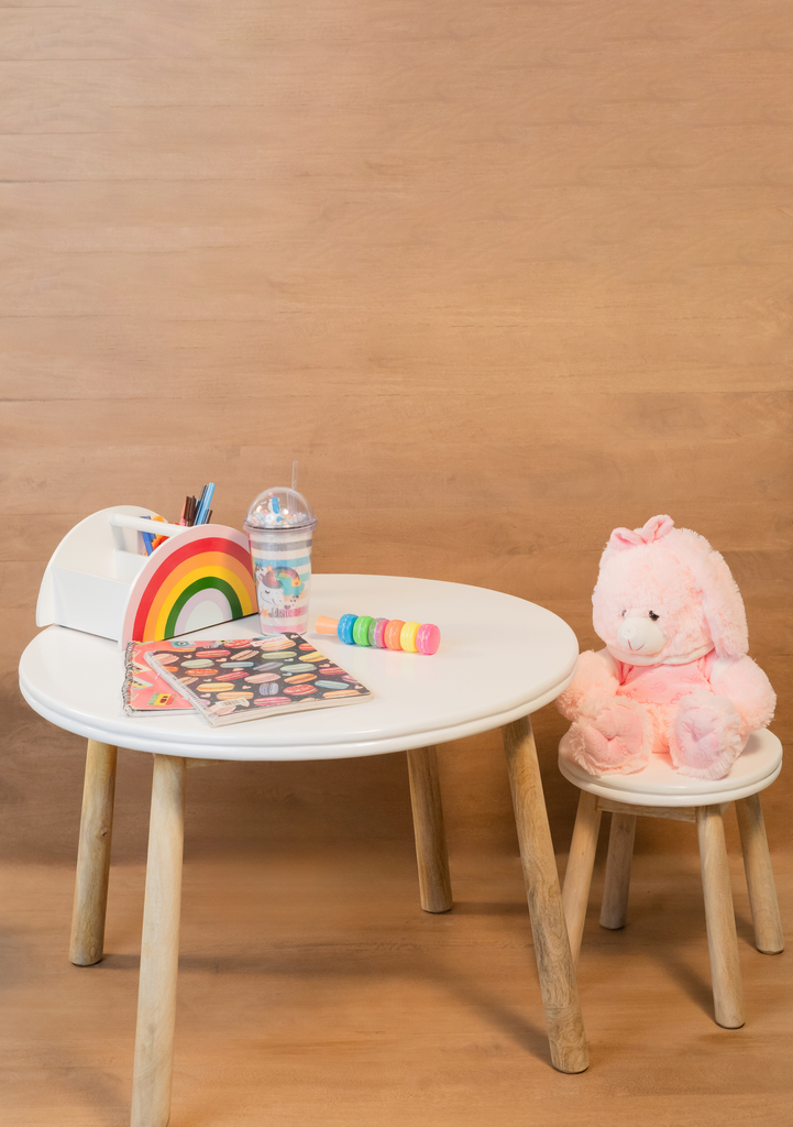 Round white tabletop with natural wooden legs