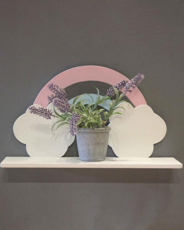 Rainbow-themed wooden wall shelf for kids