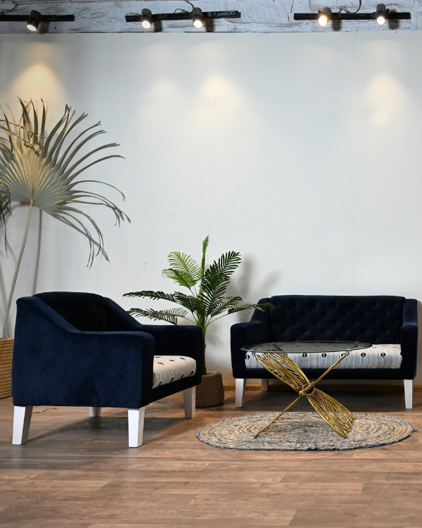 Modern wooden sofa set design in royal blue velvet