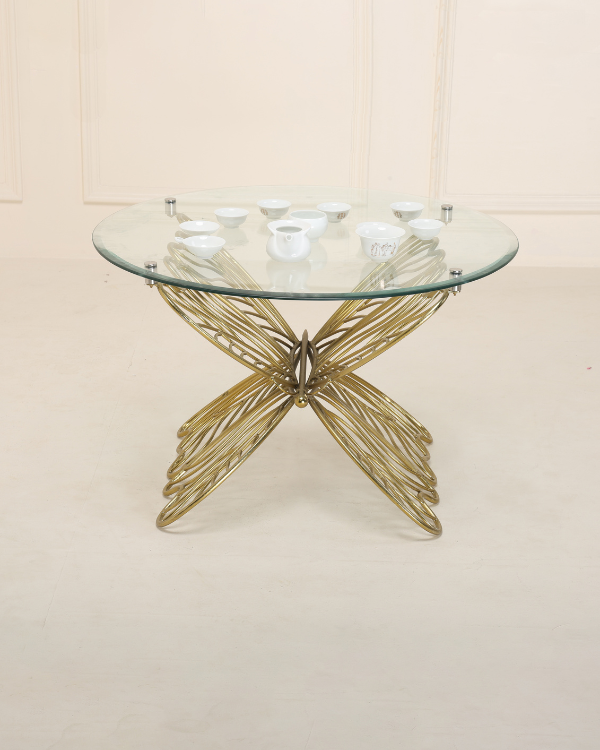 Butterfly design glass center table with gold frame