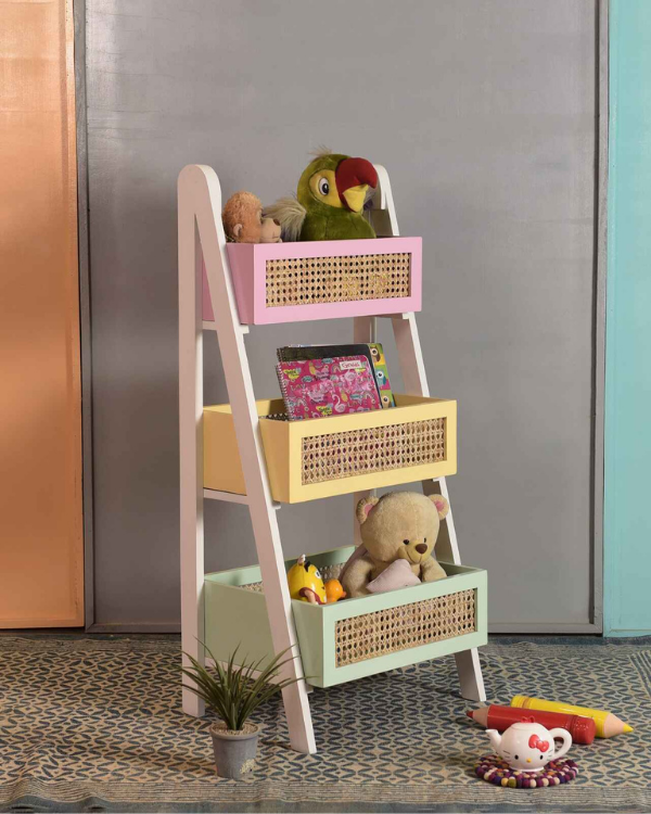 Three-basket corner bookshelf design for kids