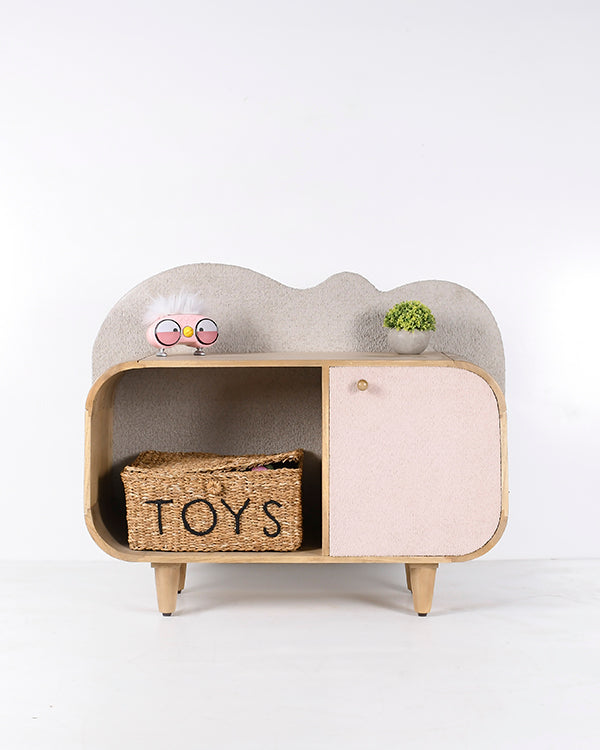 Playful bookshelf with pink and natural wood design