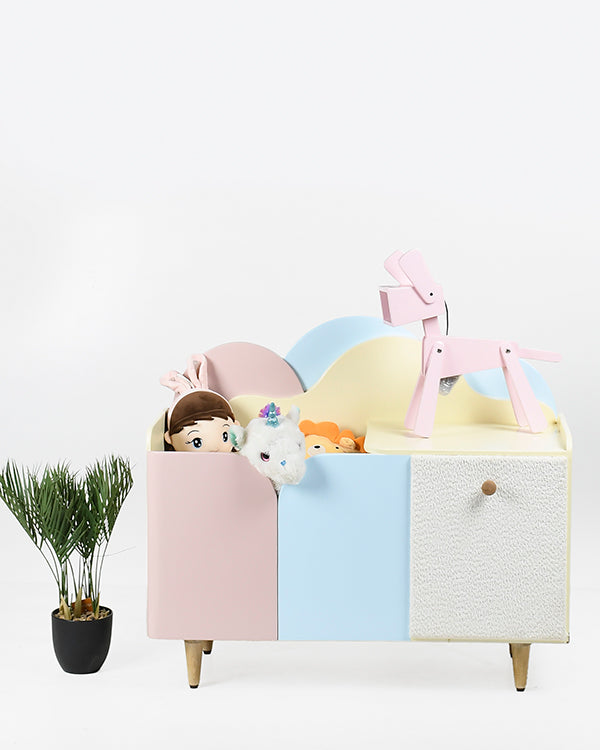 Wooden kids storage with pink, yellow, and blue tones