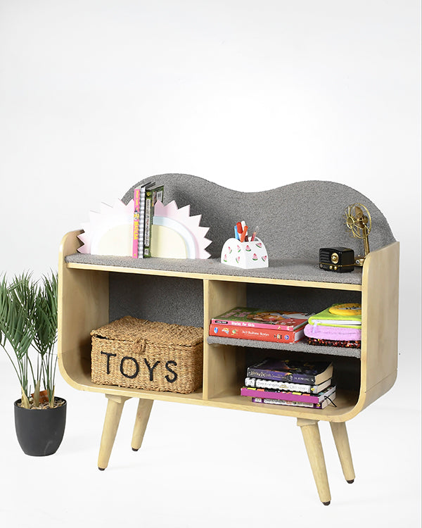 Gray upholstered bookshelf with natural wood finish