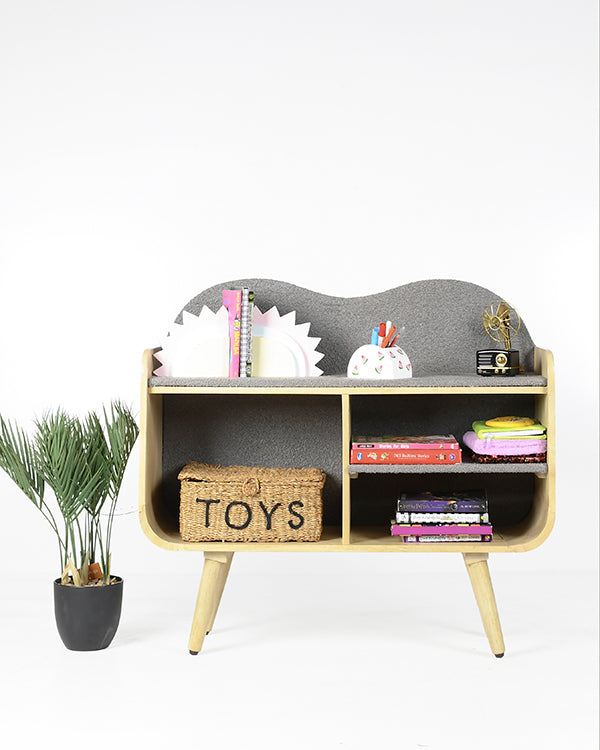 Playful gray fabric wooden storage bookshelf
