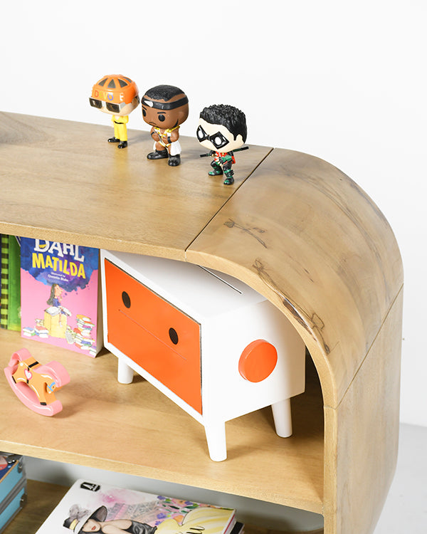 White and natural wood bookshelf for nursery