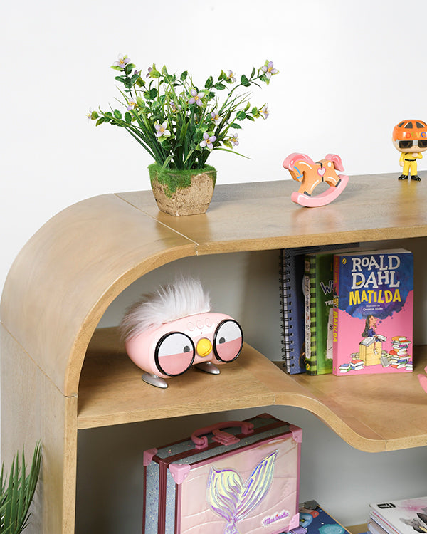 Modern wooden bookshelf with curved design