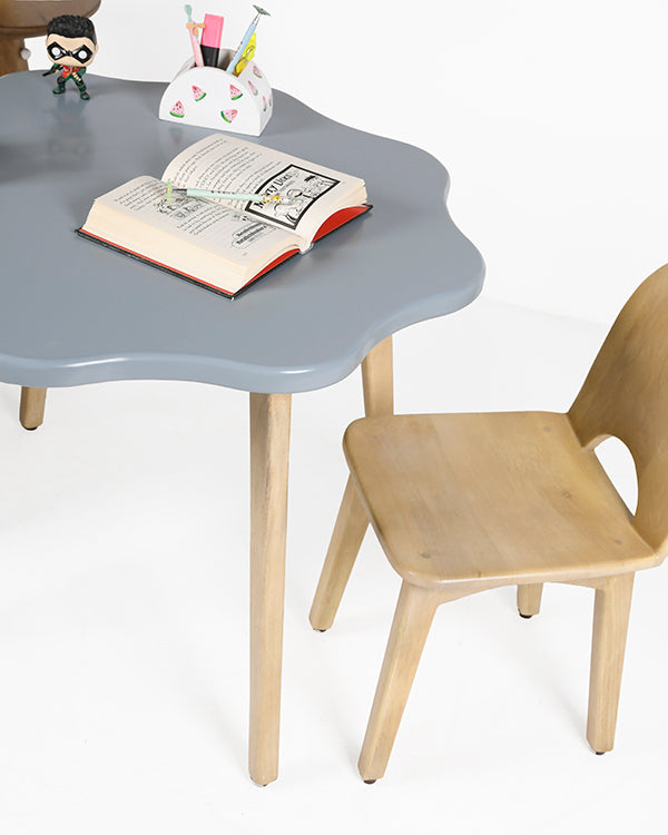 Grey kids table with matching wooden chairs