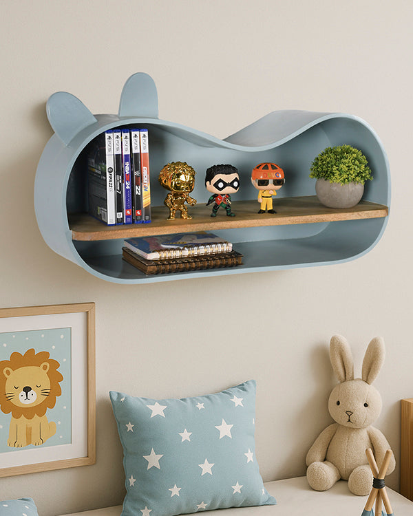 Teal green nursery wall shelf with wooden insert