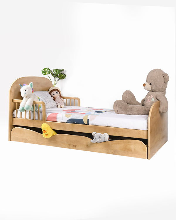 Wooden kids bed with curved headboard and footboard