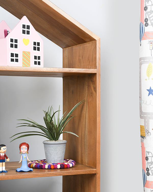 Kids bookshelf with natural wood finish and white drawer