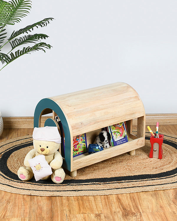 Child-safe book storage with open shelf