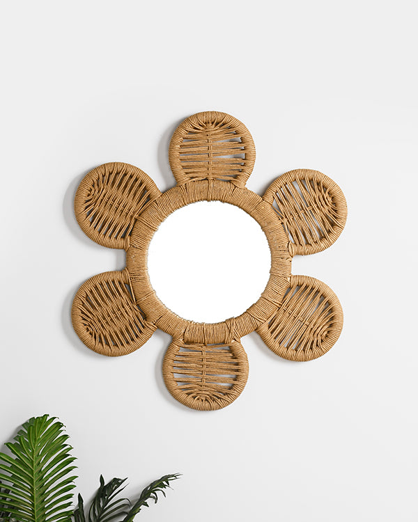 Flower wall mirror with jute frame