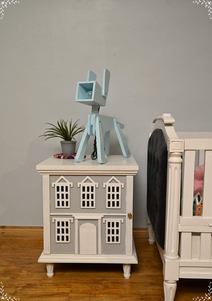 Beautiful House-Design Bedside Table in Pastel Gray and White