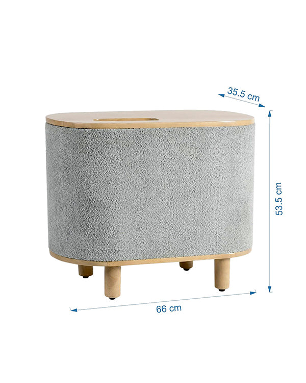 Upholstered side storage table with natural wood legs