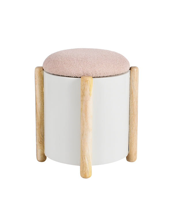 Cylindrical storage stool with pink upholstered seat
