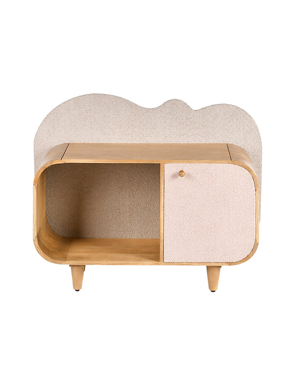 Mango wood bookshelf with soft grey fabric