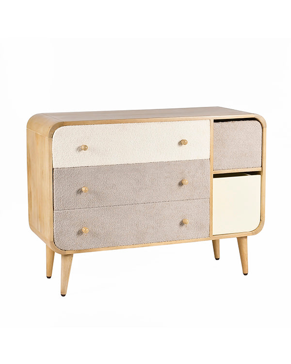 Upholstered drawer dresser in light wood finish