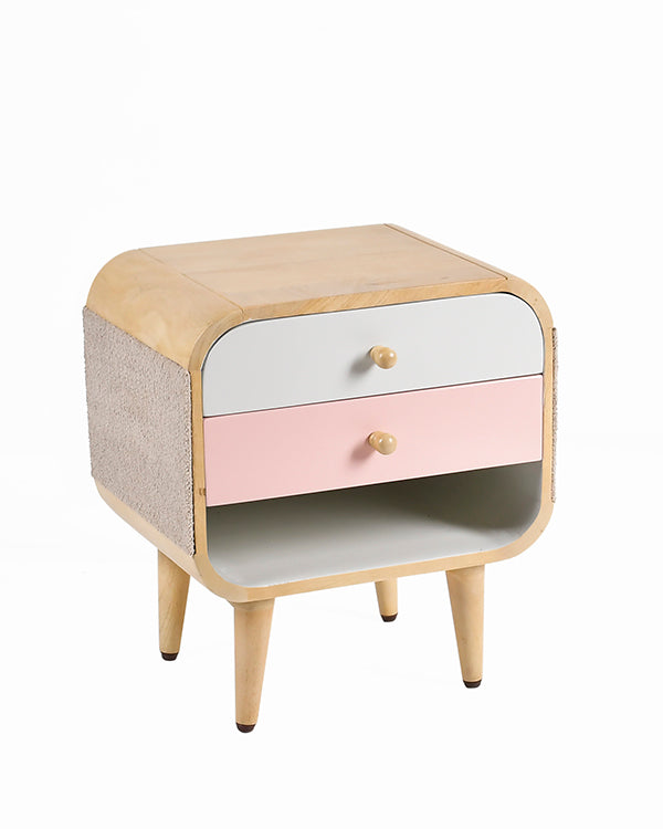 Playful wooden bedside table with colorful drawers