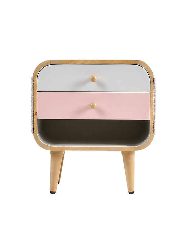 Kids bedside table with pastel blue and pink drawers
