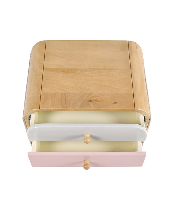 Modern bedside table with open shelf and drawers
