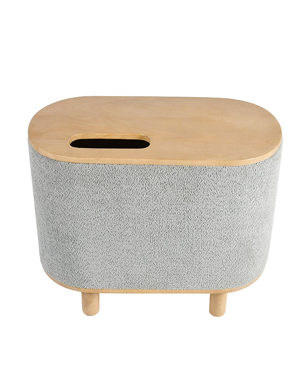Upholstered side table with natural wood legs