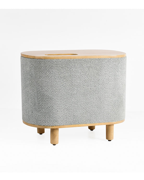 Pastel olive green accent table with wooden top