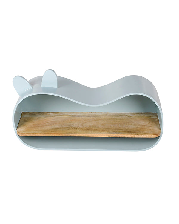Natural wood shelf in playful teal frame