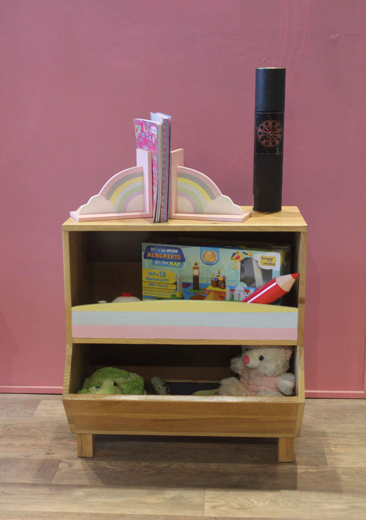 Colorful natural wooden book shelf with two storage compartments