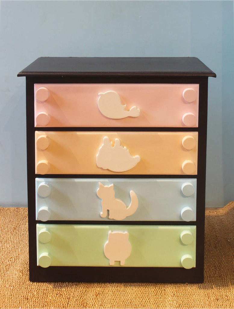 Pastel-colored drawers in pink, orange, blue, and green