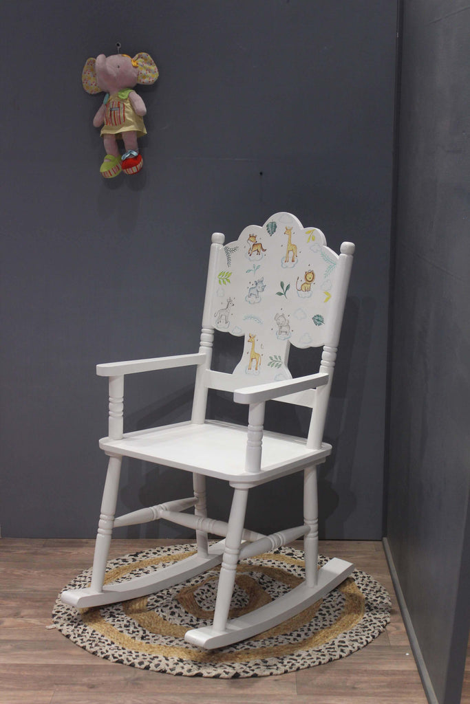 Comfortable and durable wooden rocker with animal motifs