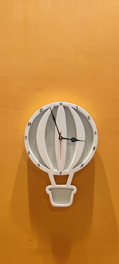 Hot air balloon-inspired wooden wall clock in grey and white - unique home decor
